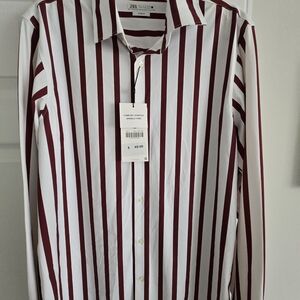Zara Men's Burgundy and White Striped Dress Shirt